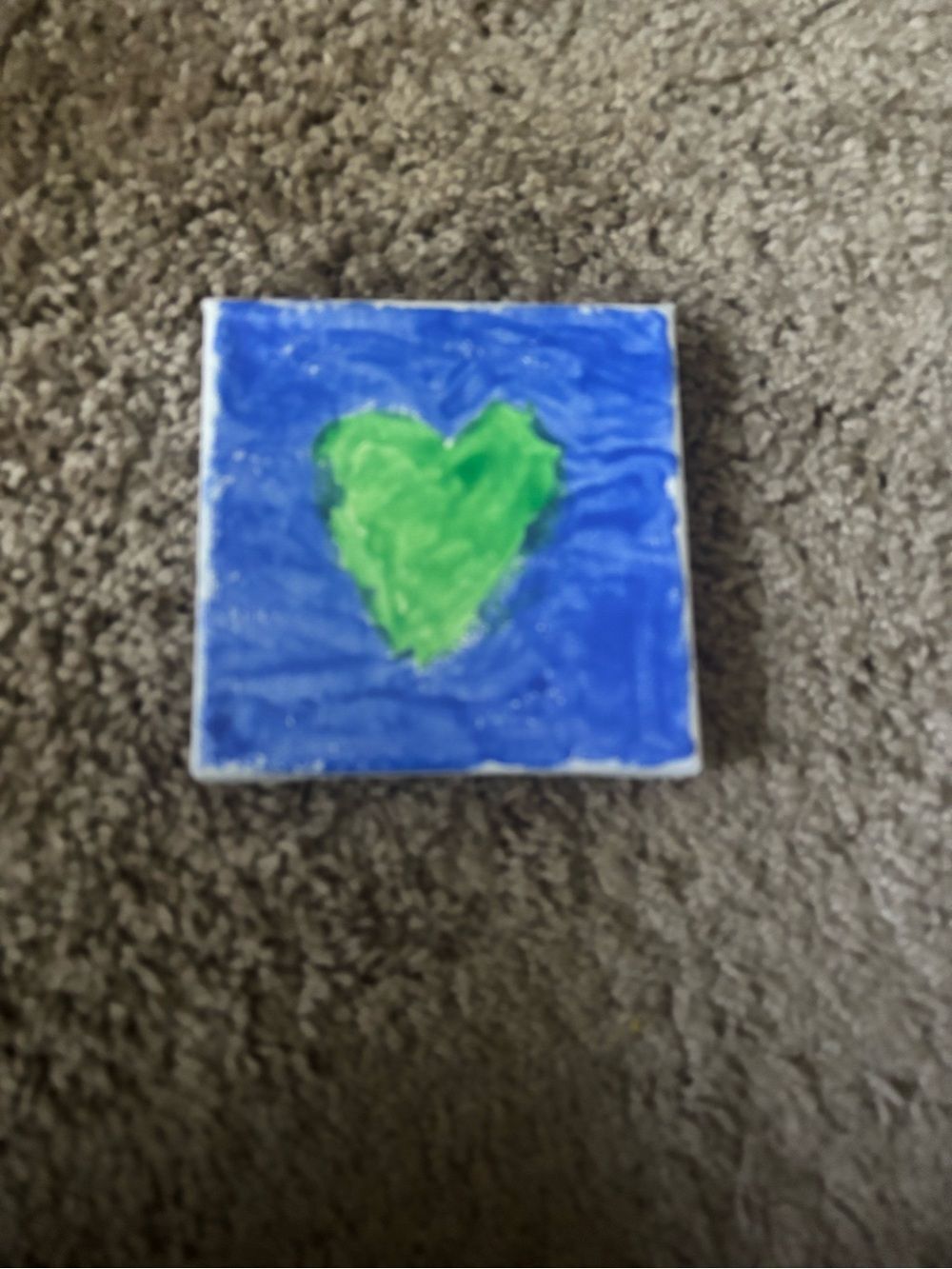 Handpainted Blue Canvas with Green Heart - Home Art